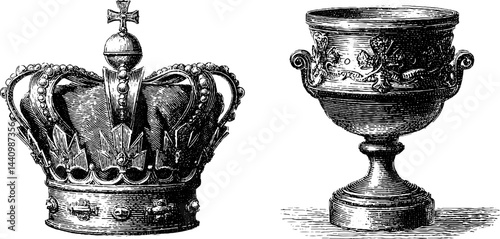 Royal elegance: engraved crown and chalice for historical design