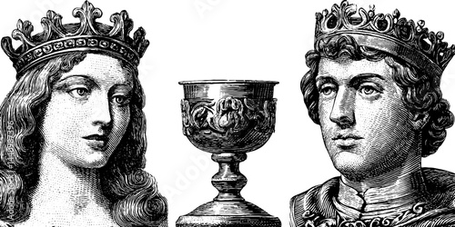 Royal couple and throne engraving set depicting regency elegance and power