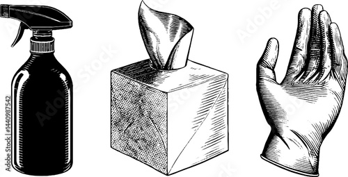 Engraved illustration of sanitizing spray, glove, and tissues. Vintage hand-drawn line art