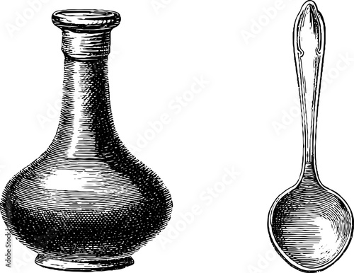 Engraved illustration of sommelier tasting set with decanter and spoon design