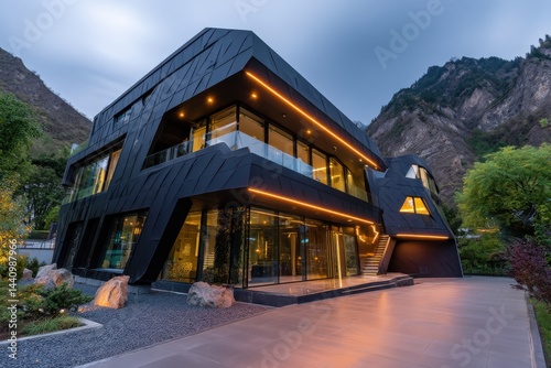 A modern luxury house with a unique design surrounded by mountains and greenery, showcasing architectural innovation with lighting and natural surroundings.