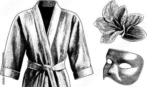 Spa essentials set featuring robe, facial mask, and orchid illustration for wellness design