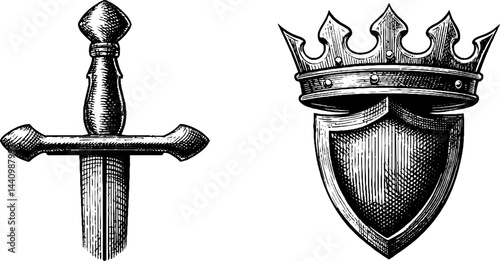 Vintage engraved sword and shield with crown for historical design and decoration