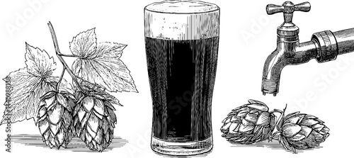 Vintage engraved beer concept featuring stout glass and hops for brewing decor
