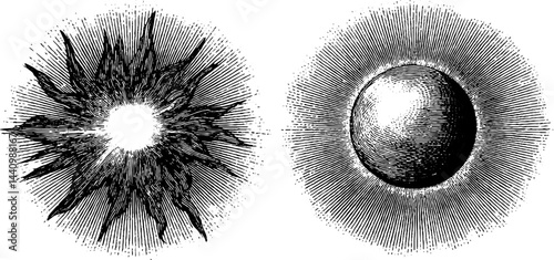 Vintage engraved illustration of sun and solar flare set for retro design and art projects