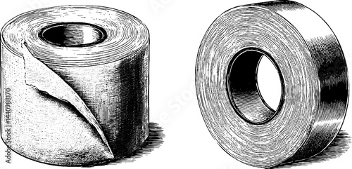 Elegant engraved illustration of streamer roll and tape for vintage design projects
