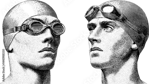 Vintage engraved illustration of swimmer with goggles