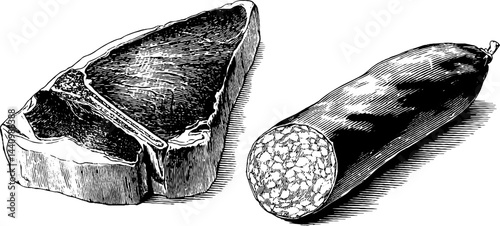 Vintage engraved illustration of t-bone steak and sausage for culinary design