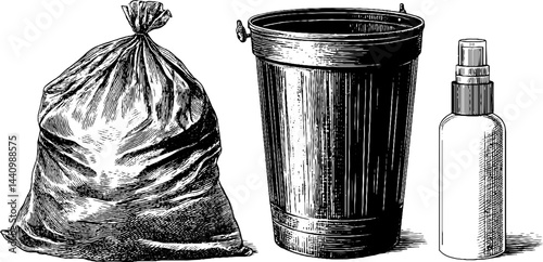 Engraved illustration of trash bag, bin, and spray bottle for waste management concepts