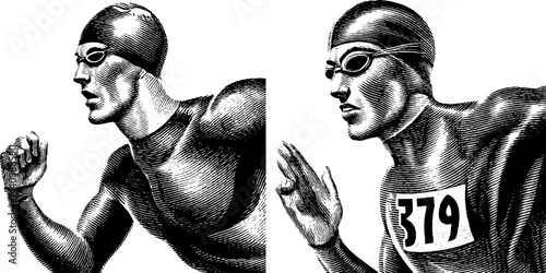 Engraved illustration of triathlete in wetsuit for sports design and athletic inspiration