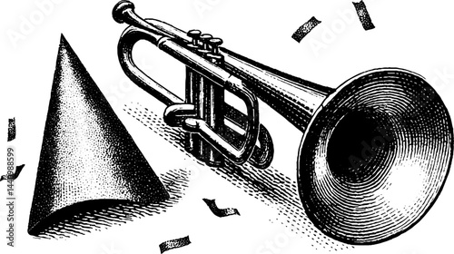 Festive celebration with trumpet and confetti engraved illustration for event design