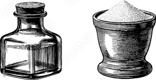 Vintage engraved design featuring a vinegar bottle and spice cup for kitchen decor