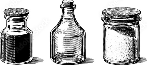 Vintage engraved set of vinegar bottle and jars for kitchen design and decoration