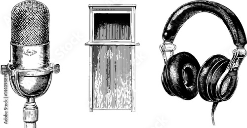 Vintage voice actor tools illustration set for audio production design