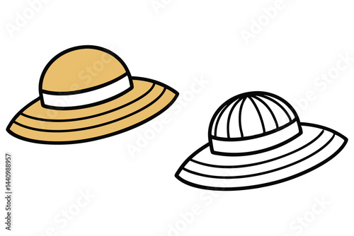Two Straw Hats with Broad Brim, White Stripe and Transparent Background