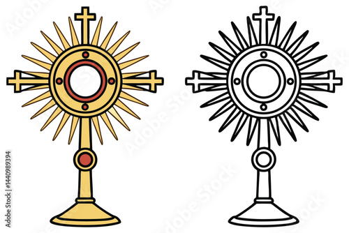 Ornate Gold Monstrance with Radiating Spokes and Cross Topper, Isolated Illustrations