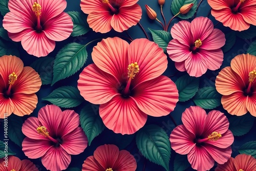 Intricate hibiscus blossoms, vibrant hues, repeating pattern , print, orange