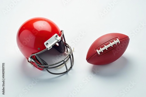 Overhead view of helmet and football on white , athletic gear, football