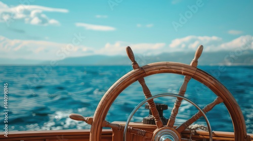 A close-up image of a wooden ship wheel on a boat with a blurry background of ocean water and a blue sky.