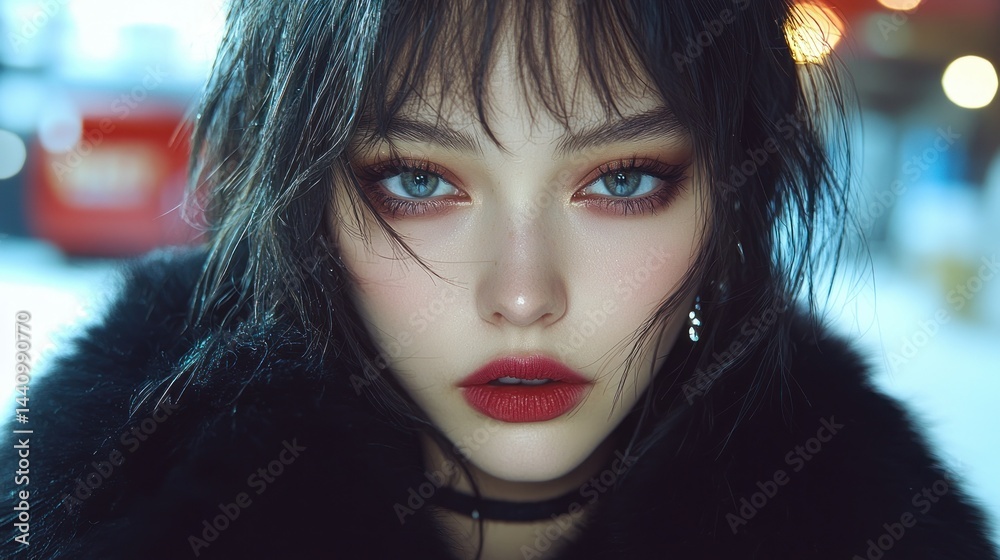 Intense gaze of a woman in dark, soft clothing Intense gaze of a woman in dark, soft clothing