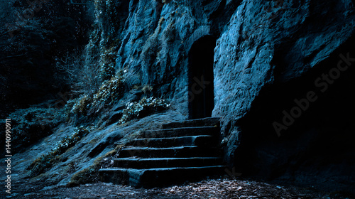 Eerie stone steps lead to a dark, arched doorway in a blue-tinged rock face