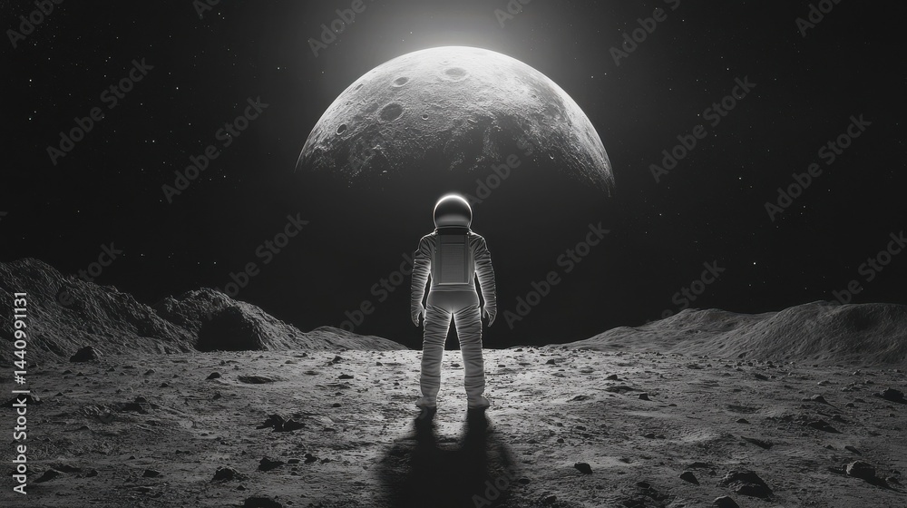 Obraz premium A lone figure in a simple spacesuit standing on a barren moon with earth in the distance, scifi, monochrome, illustration. Lonesome Infinity. Illustration