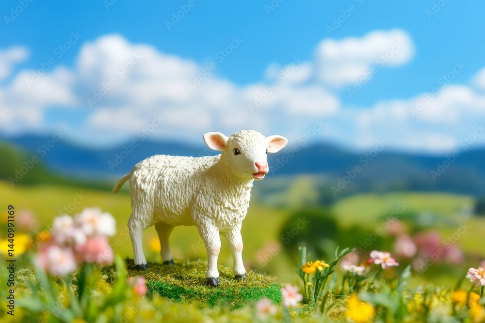 Fototapeta premium Small white lamb figurine in a pastoral landscape.