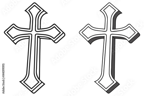 Two Decorative Crosses Symbol in Black Outline on a White Transparent Background