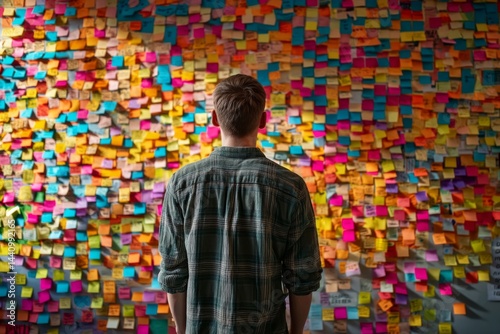 Man facing a colorful wall covered with notes, contemplating problem solving, project planning, and brainstorming for innovative ideas.