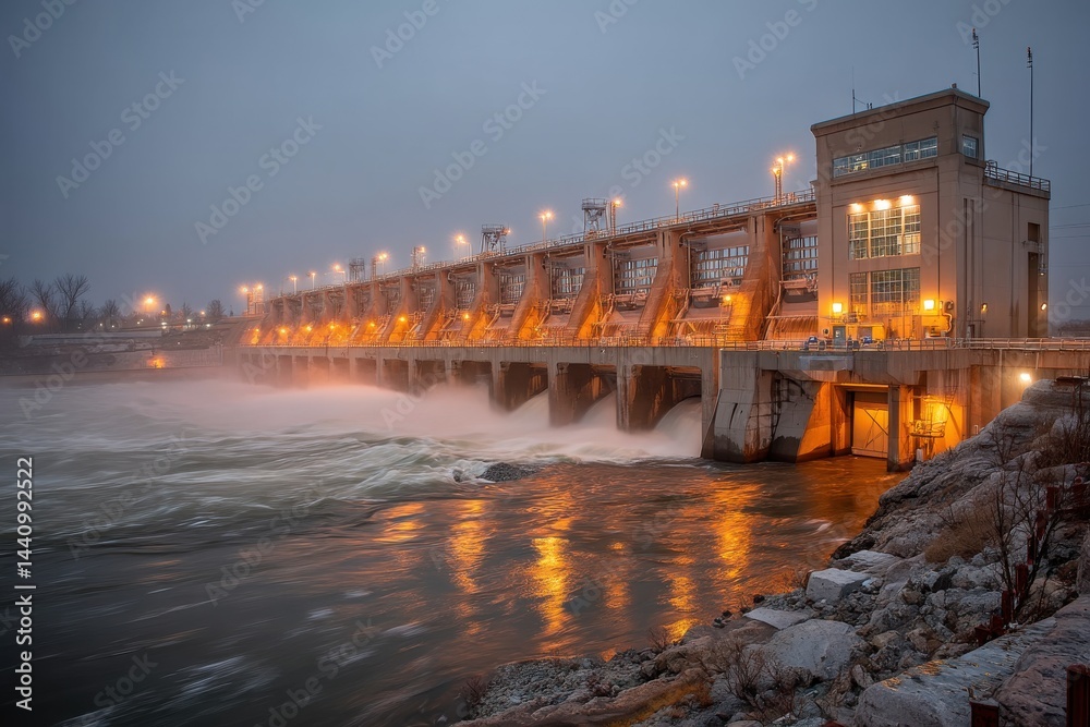 Naklejka premium The hydroelectric dam at dusk, featuring powerful flowing water and illuminated infrastructure, creating a compelling image of energy and engineering at night.