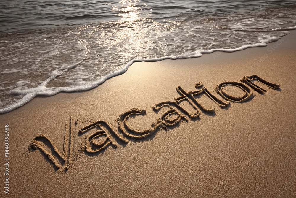 Fototapeta premium Vacation word written in sand with ocean waves during sunset. AI generated image