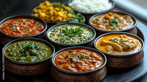 Delicious indian food variety platter with curry dishes and rice dal eat saag aloo gobi meal spicy photo