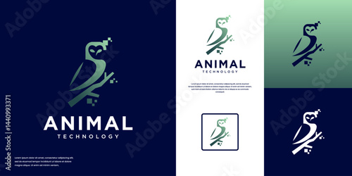perched owl logo, with modern technology concept, pixel byte flake, graphic design illustration.