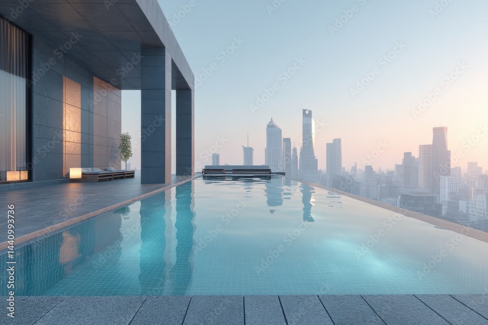 Fototapeta premium A luxurious rooftop infinity pool overlooking a sprawling city skyline at dawn, showcasing modern architecture and serene water reflections, evoking peace and luxury.