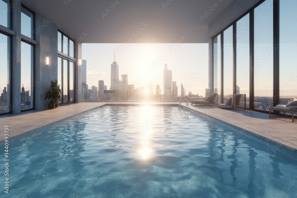 Fototapeta premium Luxurious rooftop swimming pool with a stunning view of the city skyline at sunrise, offering a serene and modern escape, relaxation and urban architecture.