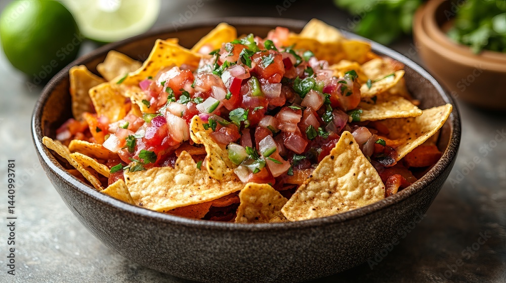 Delicious crispy tortilla chips with fresh pico de gallo salsa red food bowl spicy tasty snack onion Delicious crispy tortilla chips with fresh pico de gallo salsa red food bowl spicy tasty snack onion
