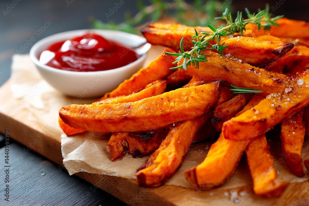 Crispy sweet potato fries are arranged neatly on a wooden board, garnished with fresh herbs and accompanied by a small bowl of ketchup for dipping Crispy sweet potato fries are arranged neatly on a wooden board, garnished with fresh herbs and accompanied by a small bowl of ketchup for dipping