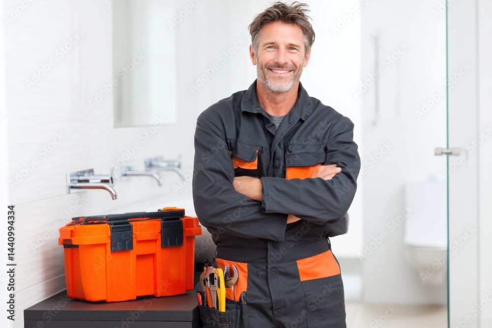 Confident plumber standing in a modern bathroom with toolbox and arms crossed, ready to provide expert service, with a reassuring smile and professional attire. Confident plumber standing in a modern bathroom with toolbox and arms crossed, ready to provide expert service, with a reassuring smile and professional attire.