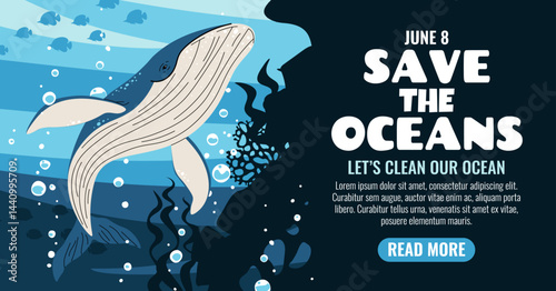 World Oceans Day Horizontal Banner. Majestic Whale and Coral Reefs. Protect Our Marine Giants. Conservation Design for Websites, Social Media and Print.