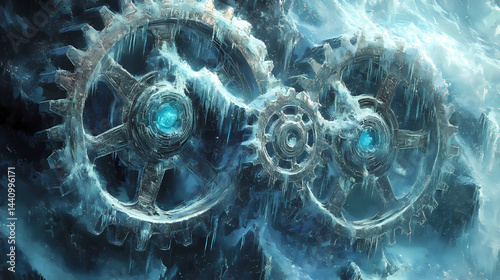 Frozen gears interlocked in icy embrace. Crystal Forge. Illustration