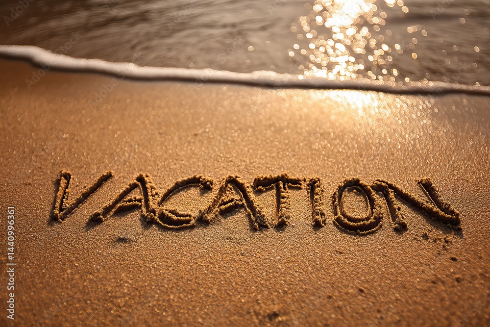 Fototapeta premium Vacation word written in sand with ocean waves during sunset. AI generated image