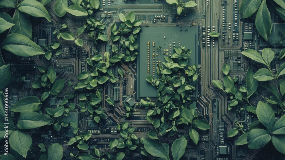 Fototapeta premium A circuit board with green plants growing out of it, symbolizing the relationship between technology and nature.