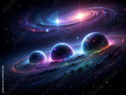 Galaxy with Planets and Stars in Space