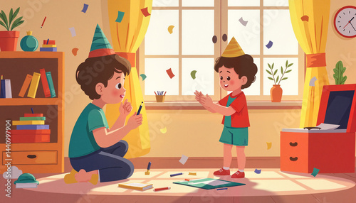 Joyful children playing dress-up in a playful room, imaginative fun
