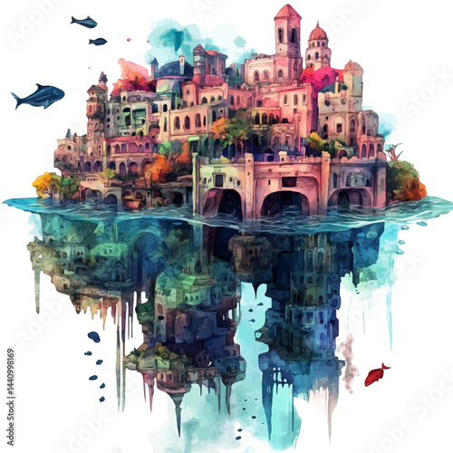 illustration of VR Simulation Of An Underwater City, watercolor vector, isolated on a white background.
