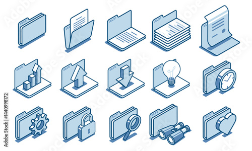 isometric vector big set of folders linear icons with document, in color on a white background, design element or paper work with data