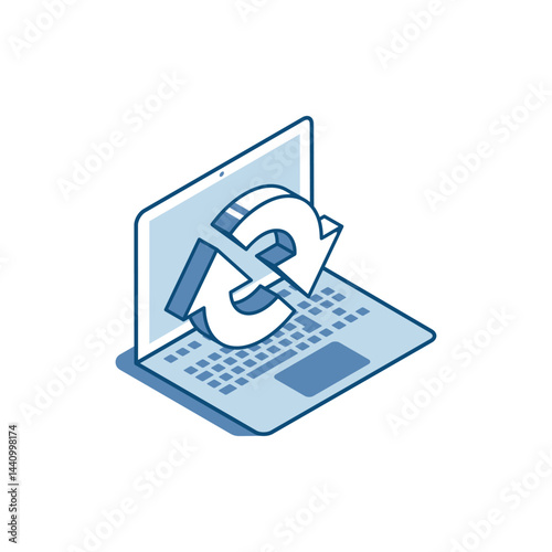 Isometric vector linear icon of laptop and arrows going in a circle, in color on a white background, working with computer or updating the system