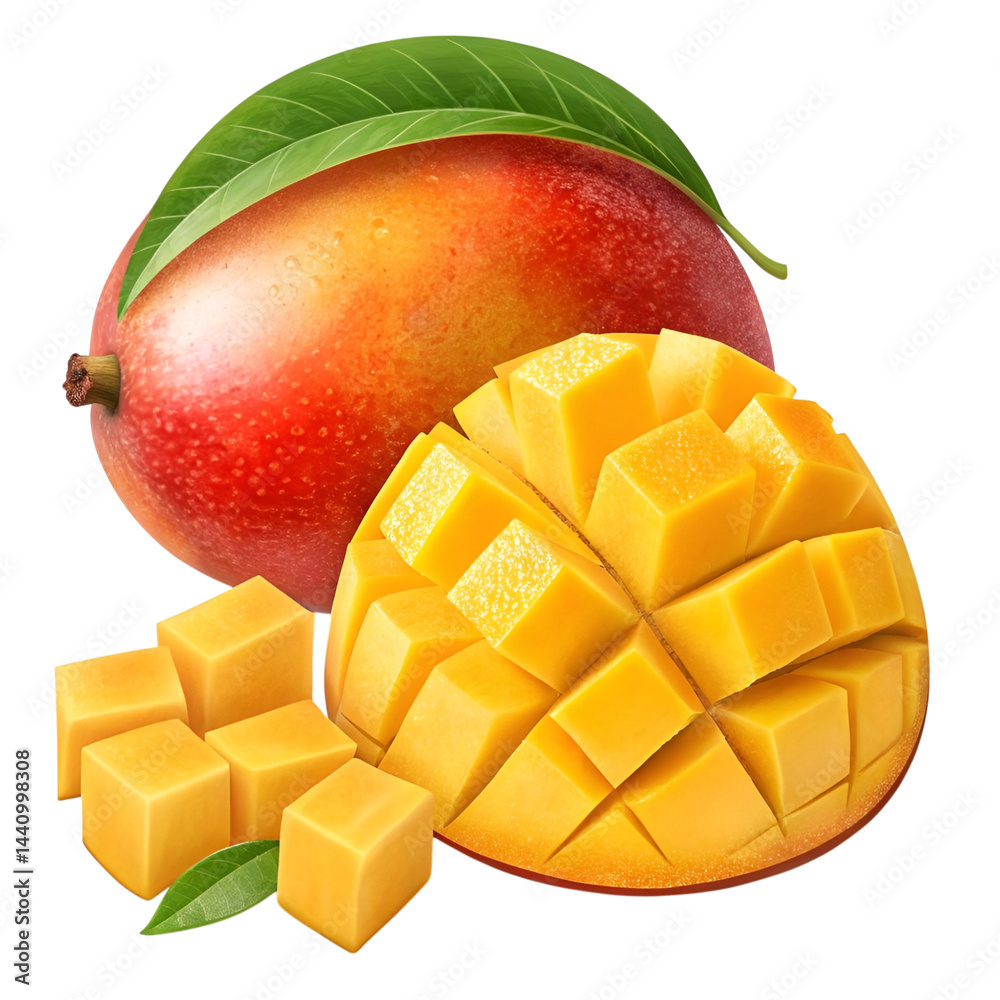 Ripe mango with vivid red, orange, and yellow skin, featuring juicy sliced cubes, tropical sweet fruit packed with vitamins, isolated on transparent background.
Ripe mango with vivid red, orange, and yellow skin, featuring juicy sliced cubes, tropical sweet fruit packed with vitamins, isolated on transparent background.