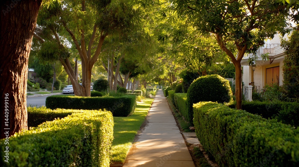 Fototapeta premium Sunny residential street lined with trees and trimmed hedges
