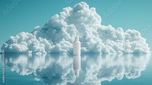 A blank bottle of skin care product sits on a placid body of water, surrounded by large fluffy clouds